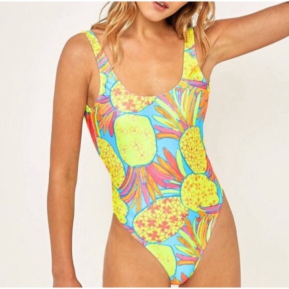 NEW! Chubbies One Piece Swimsuit Neon Pineapple Retro Yellow Women's SZ XS - Picture 3 of 14
